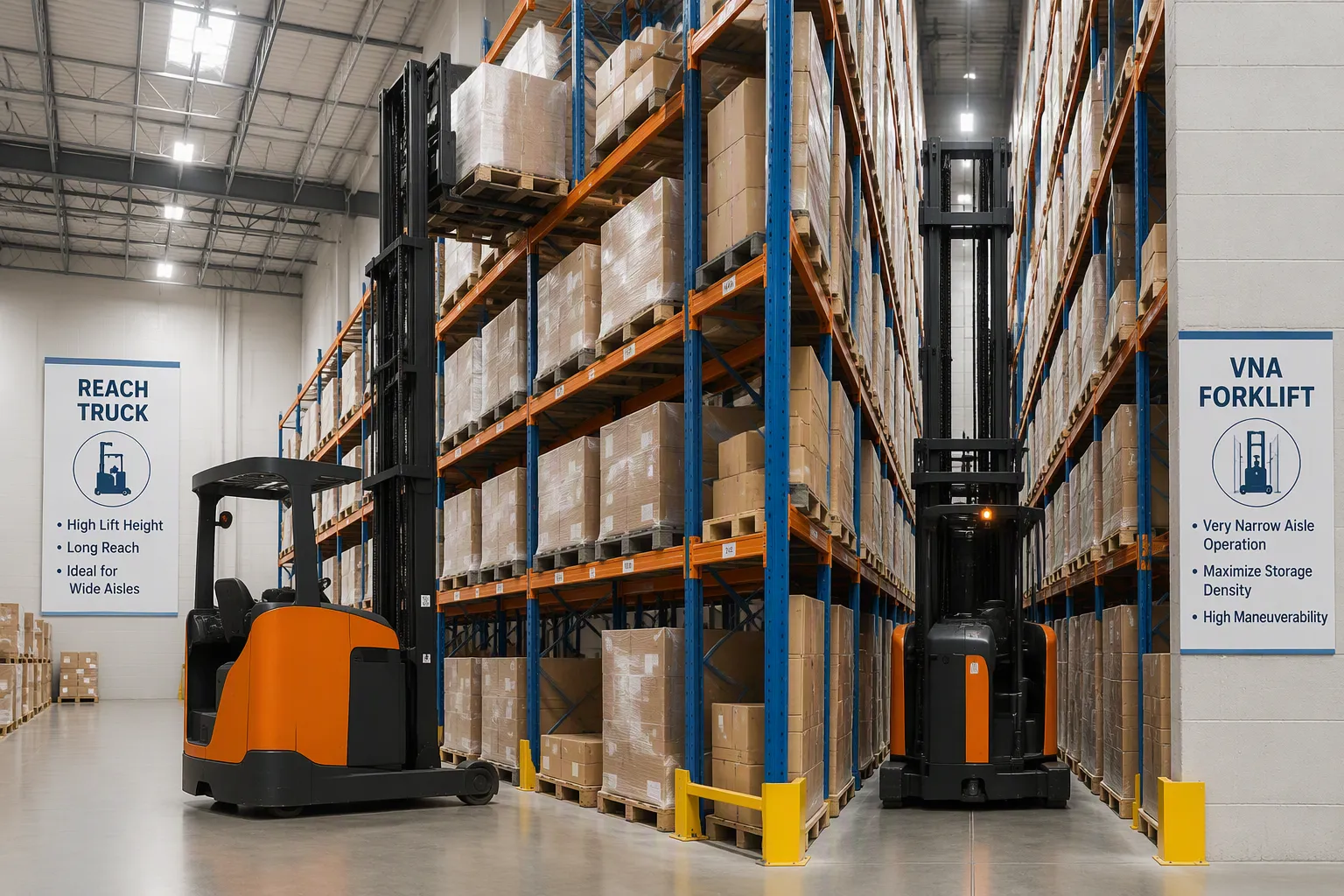 Xe nâng tầm cao so với xe nâng VNA: Giải pháp kho bãi nào phù hợp với nhu cầu của bạn?